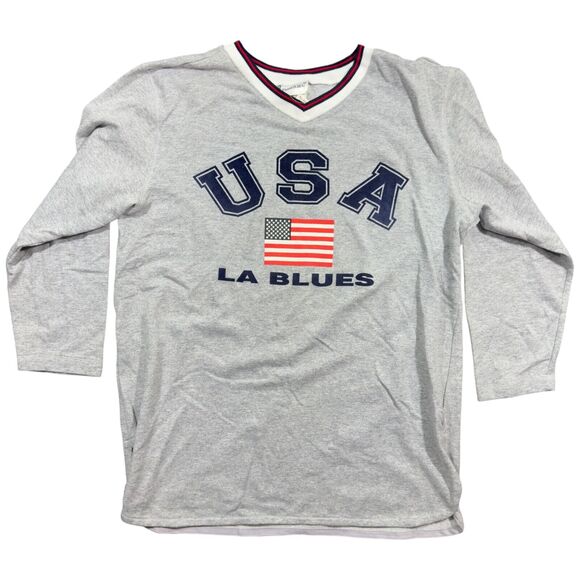 Fashion Bug Sweatshirt Mens XL Gray 3/4 Sleeve USA Flag LA Blues V-Neck Pullover - Picture 1 of 7